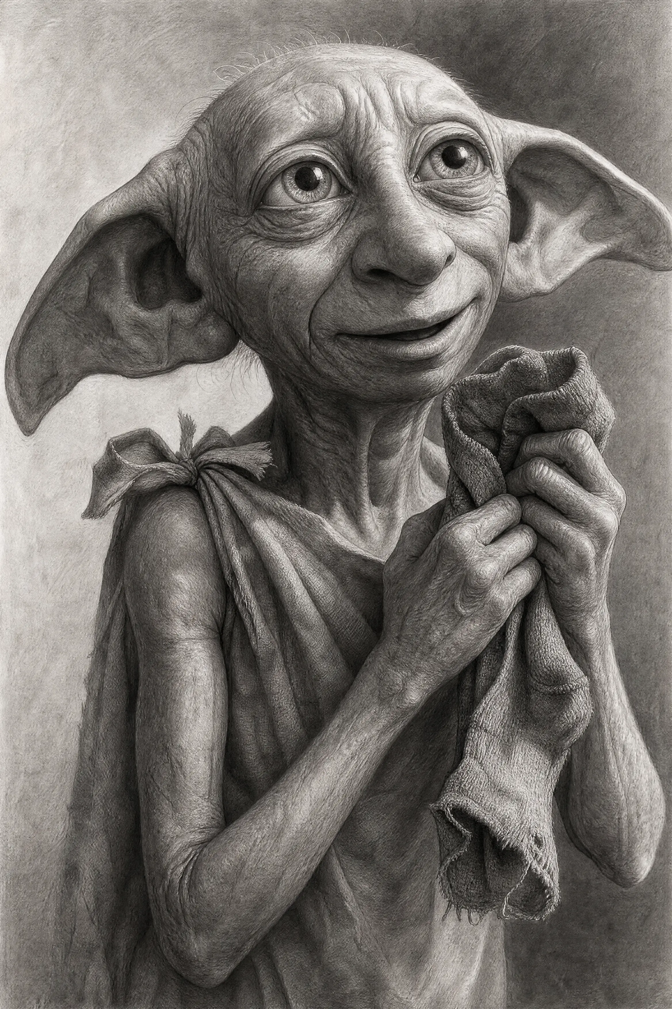 Gros plan d’un portrait au crayon d’un elfe de maison joyeux tenant une chaussette usée