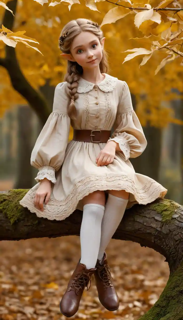 A petite elf examines an acorn while seated among golden autumn leaves