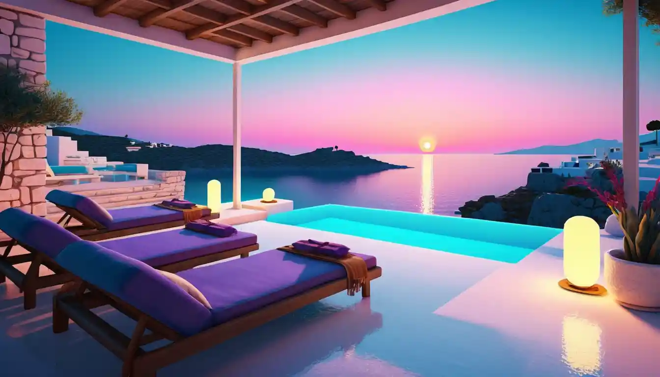 Eine griechische Villa am Meer mit Blick auf einen Steinpool und eine Grotte