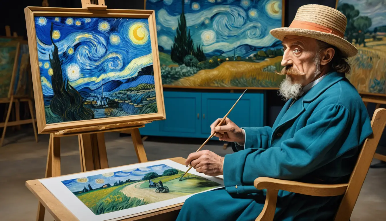 Pintores criam retratos em um ateliê ao ar livre em meio a uma paisagem onírica