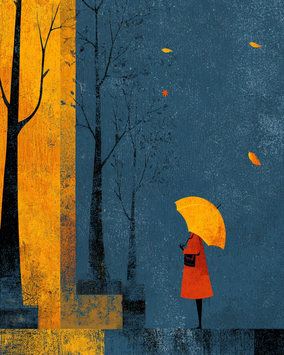 Un salut rêveur de pluie d’automne dans un style minimaliste de linogravure