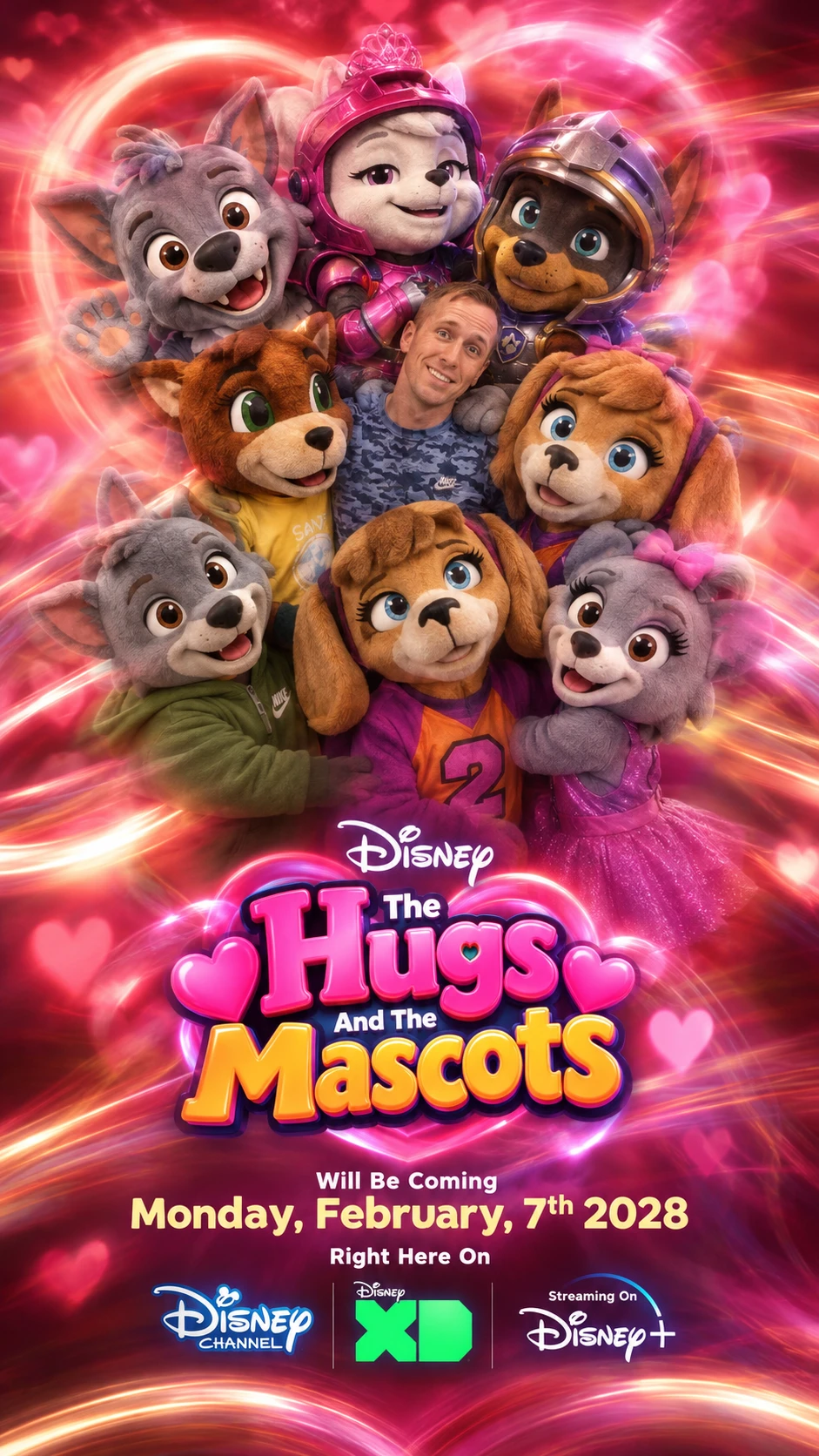 Um homem adulto compartilha momentos carinhosos com nove mascotes