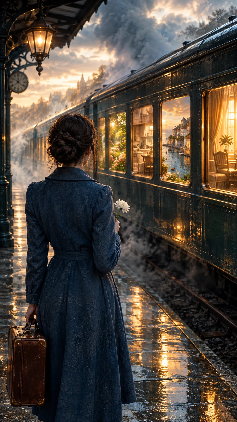 Une femme se tient sur un quai de gare avec une valise et une fleur blanche
