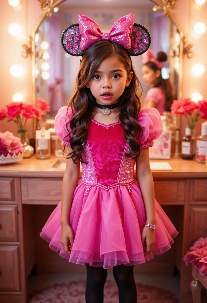 A nervous boy in a Minnie Mouse princess costume at a vanity