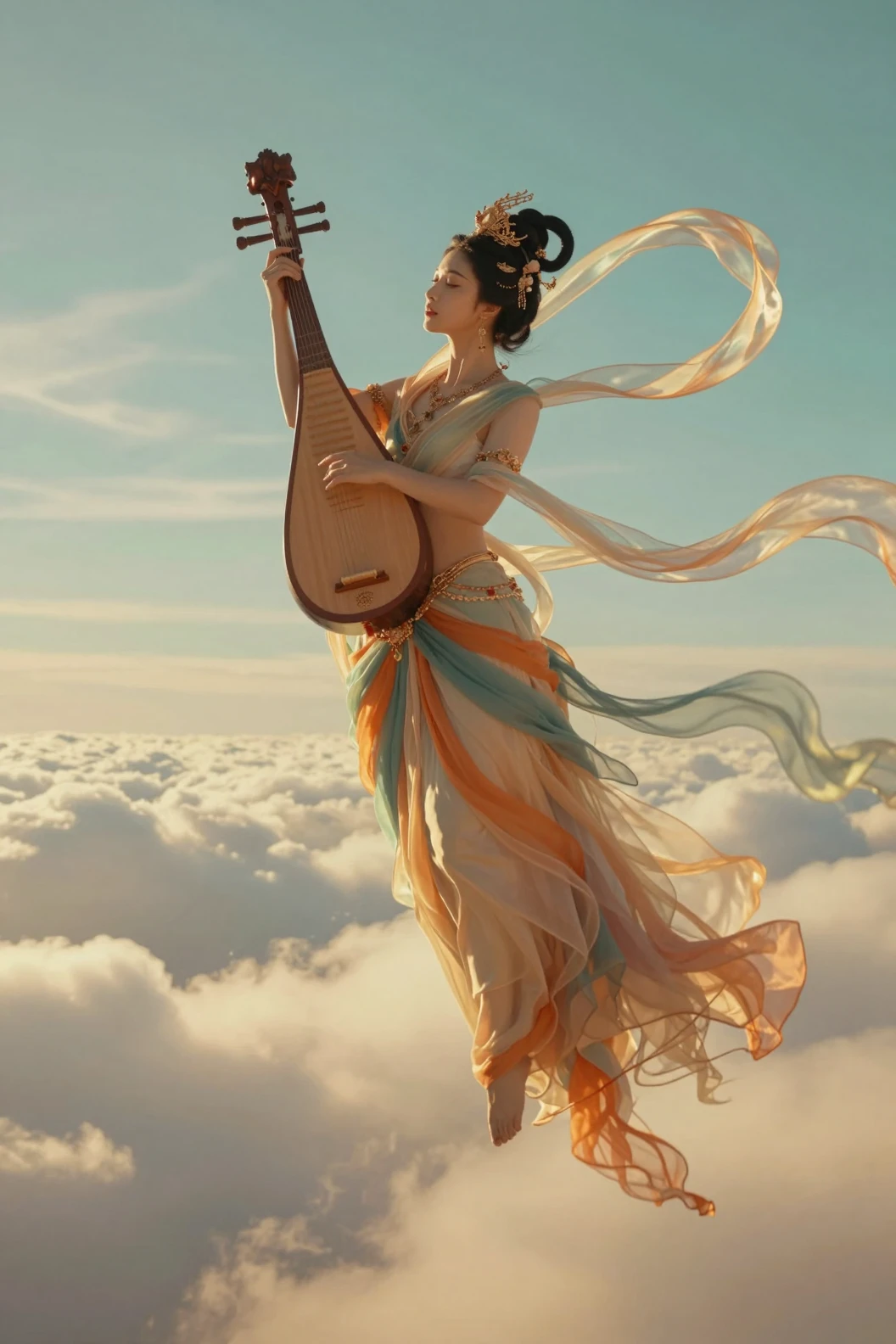 Uma musicista celestial toca seu alaúde sobre nuvens douradas