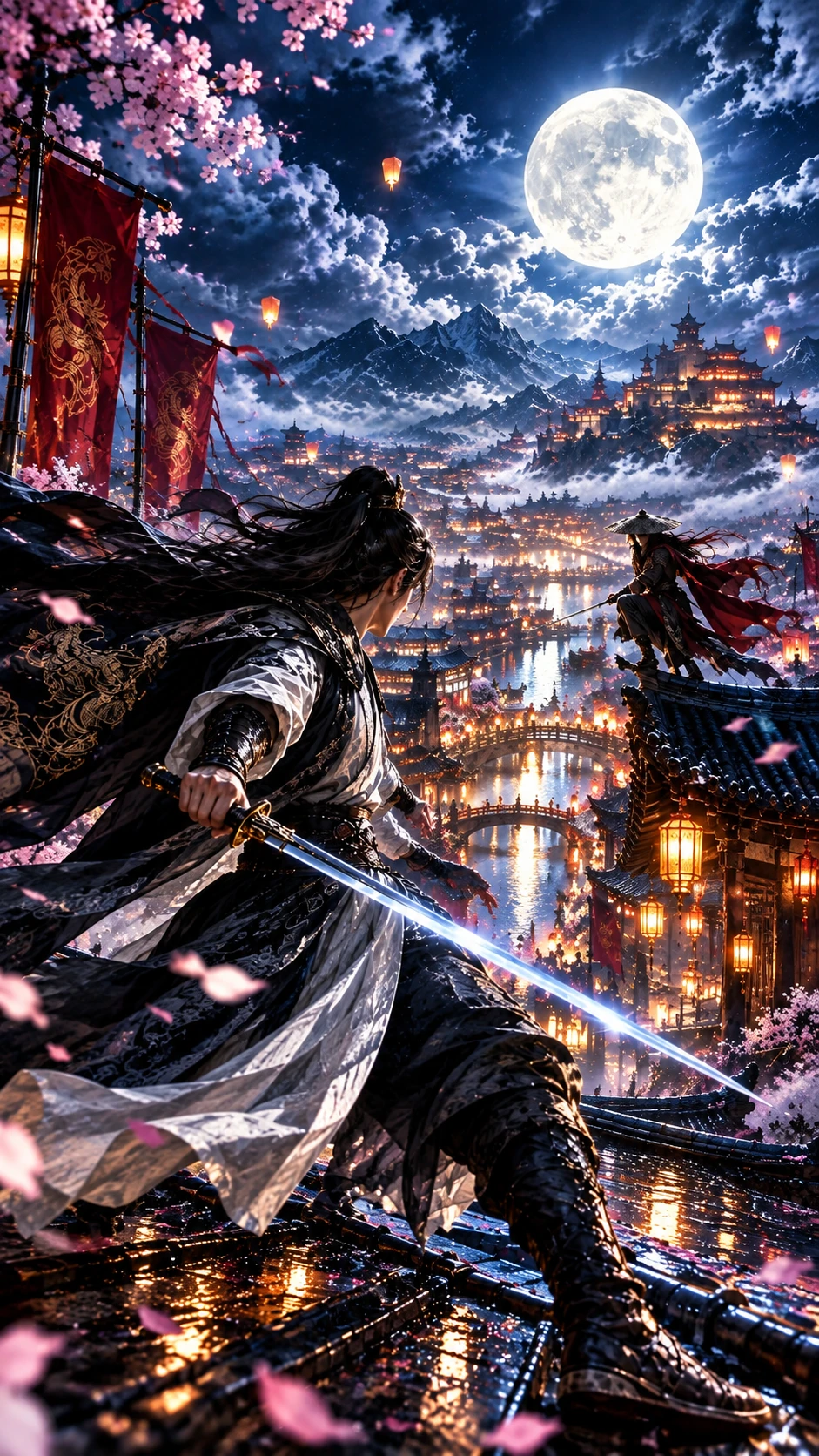 A lone warrior sweeps across ancient rooftops beneath the full moon