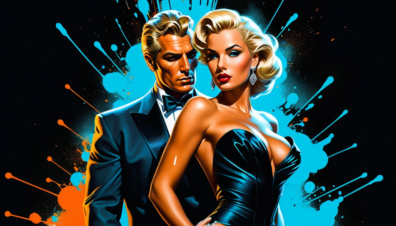 Uma modelo pin-up loira posa com um elegante vestido de gala