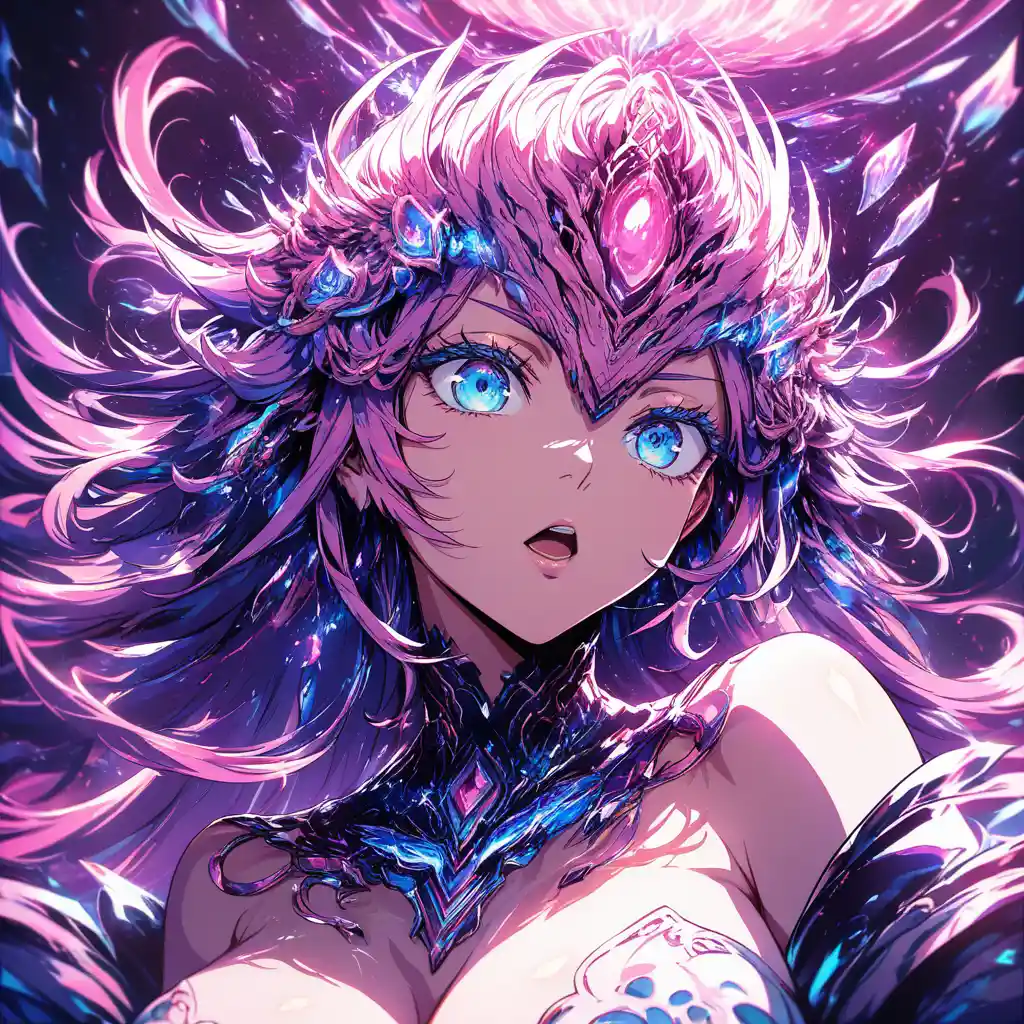 Nahaufnahme einer Anime-Frau mit blauen Augen und langen Haaren
