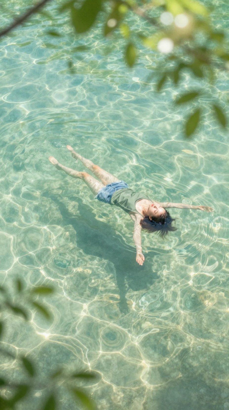 一名女子仰躺漂浮在清澈的碧綠湖水中