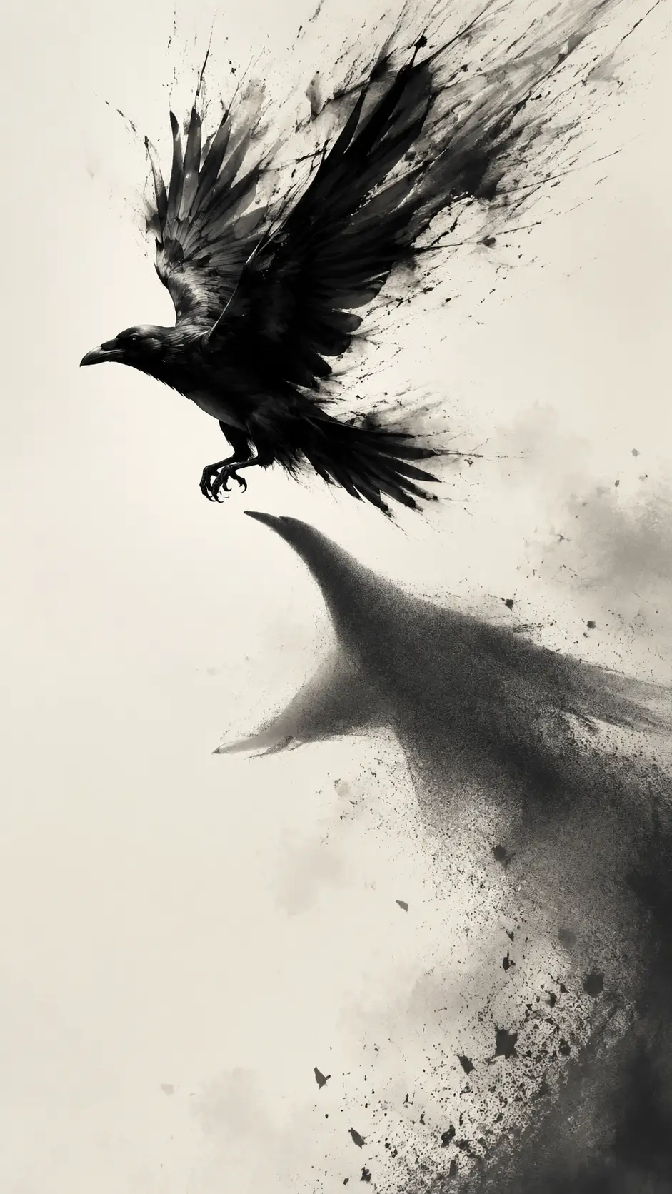 A Raven Takes Flight Against An Almost Empty Ivory Field