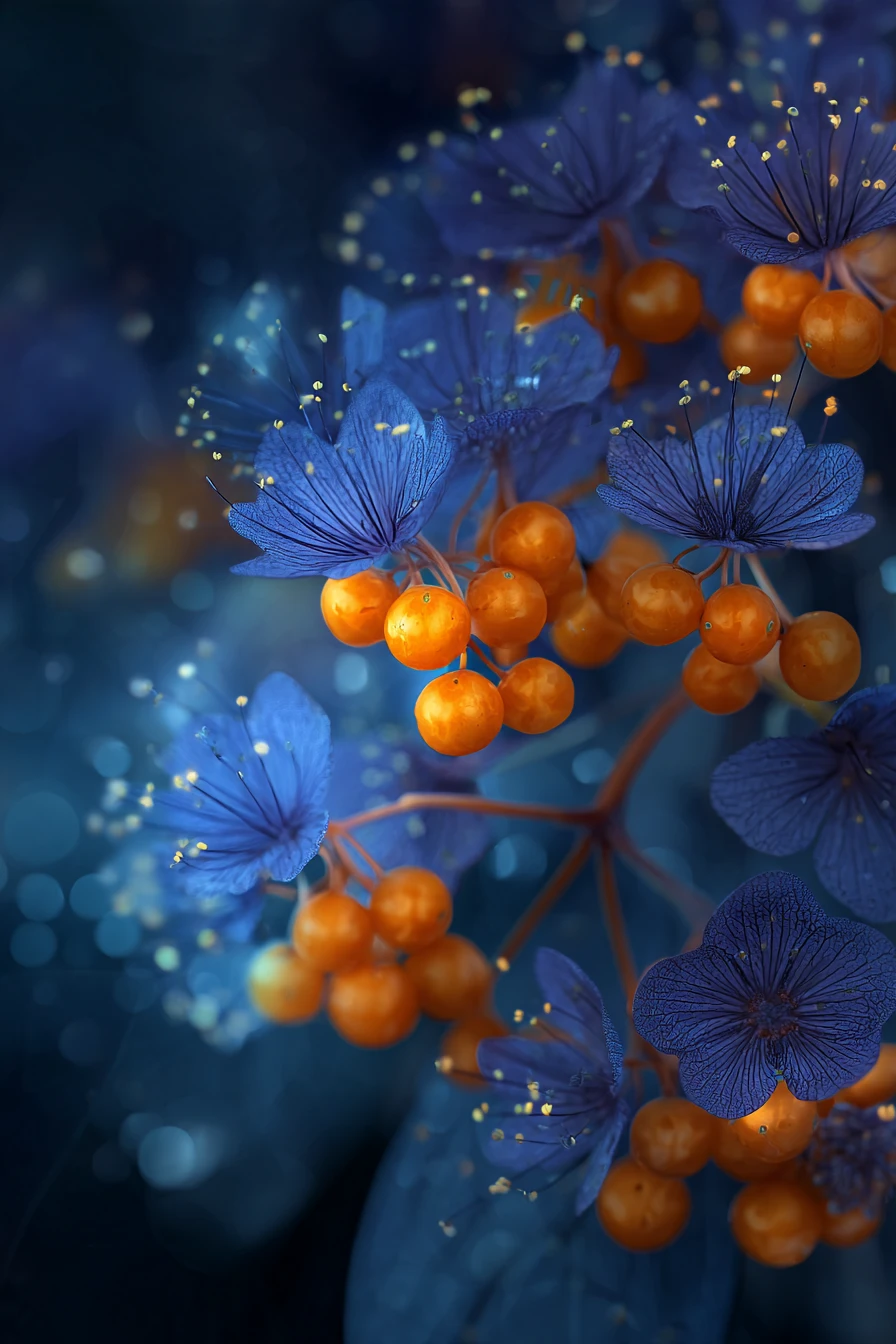 Flores azuis brilhantes e frutos alaranjados diante de um fundo rachado