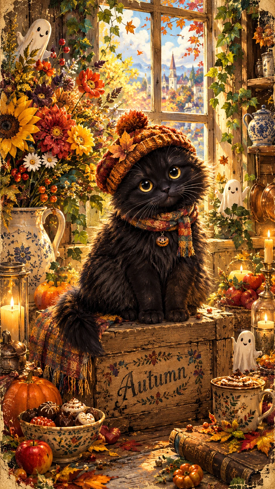 Un chat noir tout doux attend l’automne sur une caisse en bois