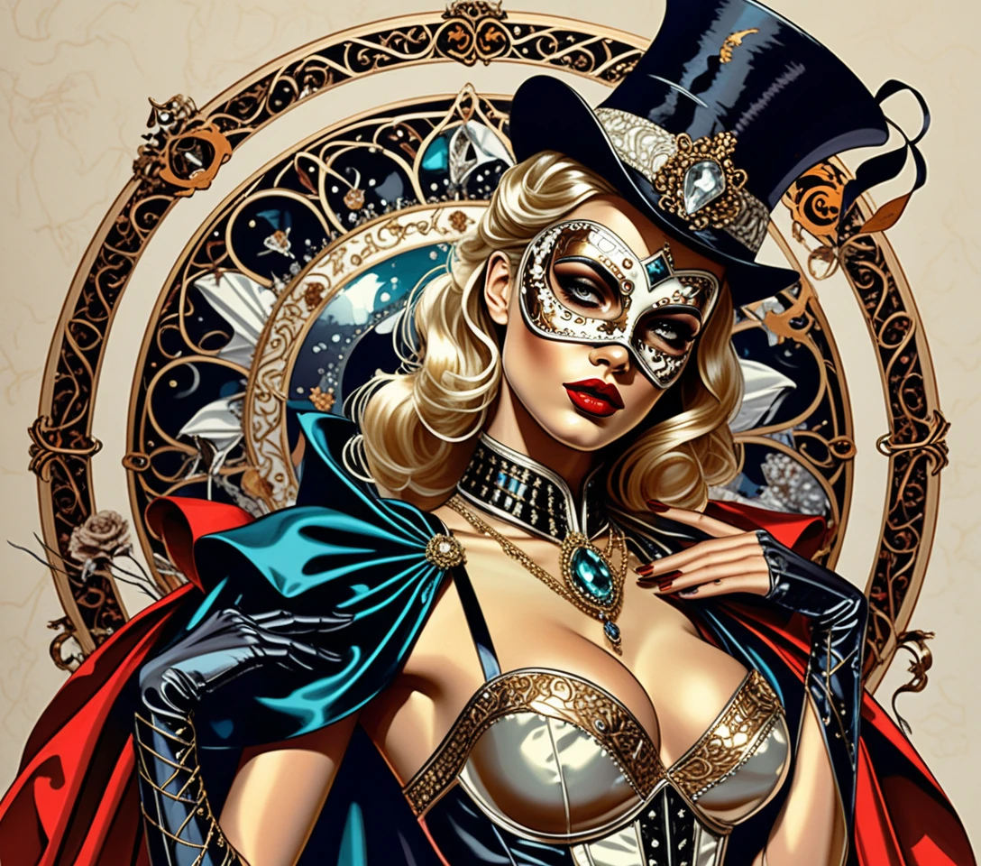 Uma mulher loira com um elaborado traje de baile de máscaras adornado com joias