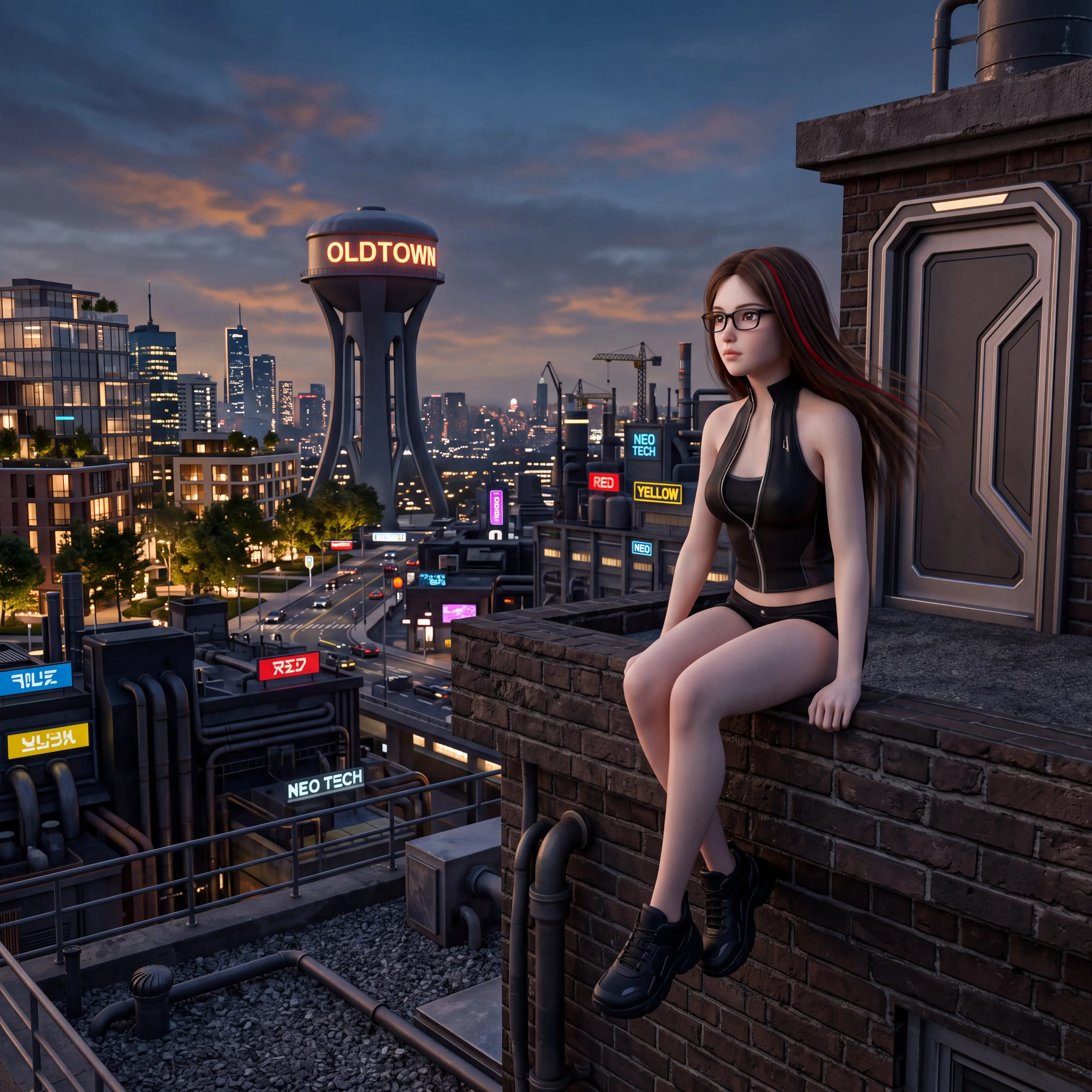 A Young Woman Perches on a Rooftop Ledge Above a Futuristic City