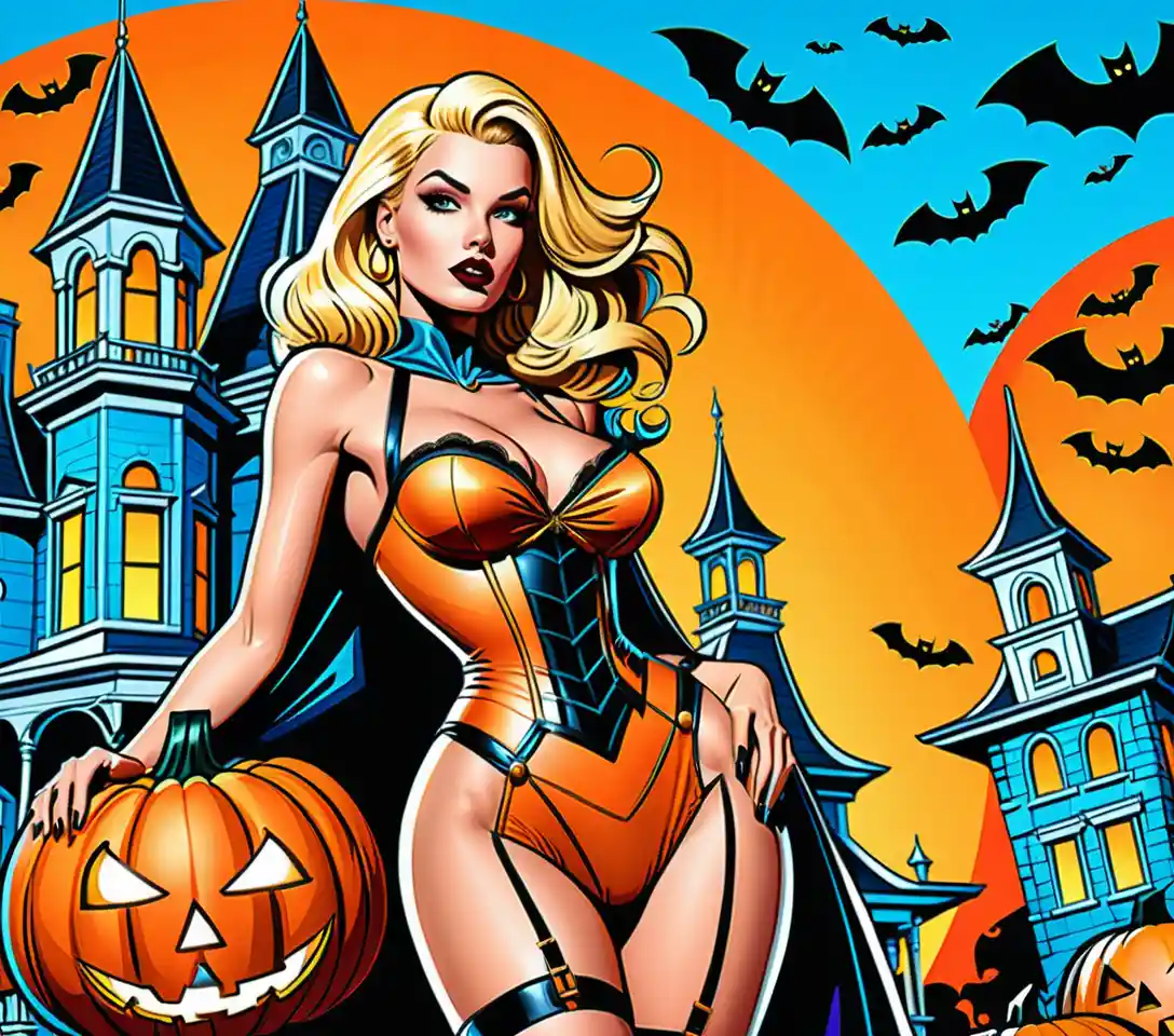 Blonde Model in Fairytale Halloween Costumes at a Haunted Mansion Party