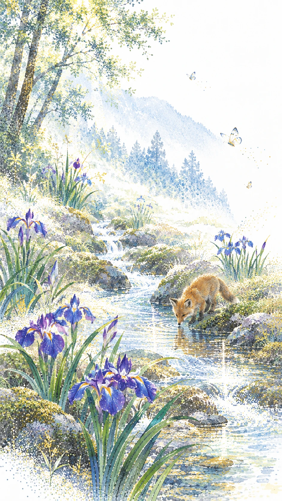 Gli iris Kakitsubata circondano un ruscello di montagna mentre beve un cucciolo di volpe