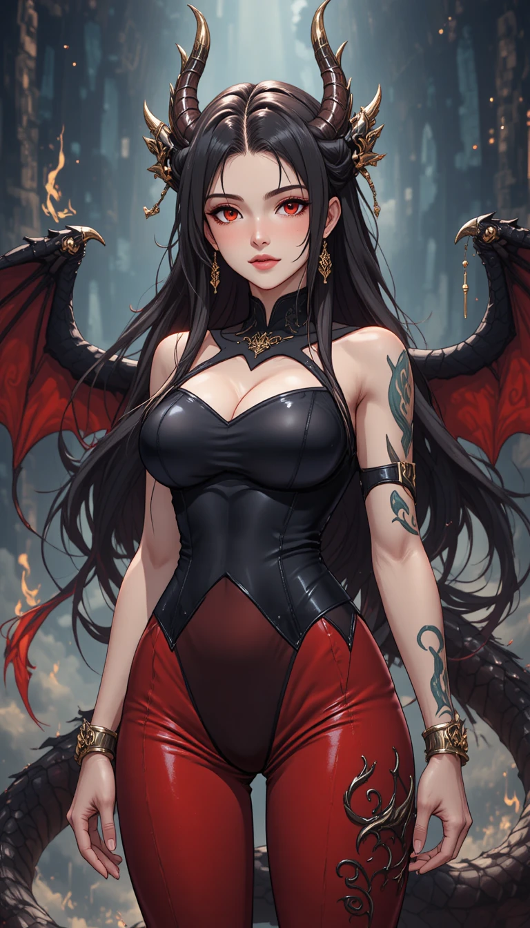 Uma mulher-dragão com asas escuras e chifres curvos