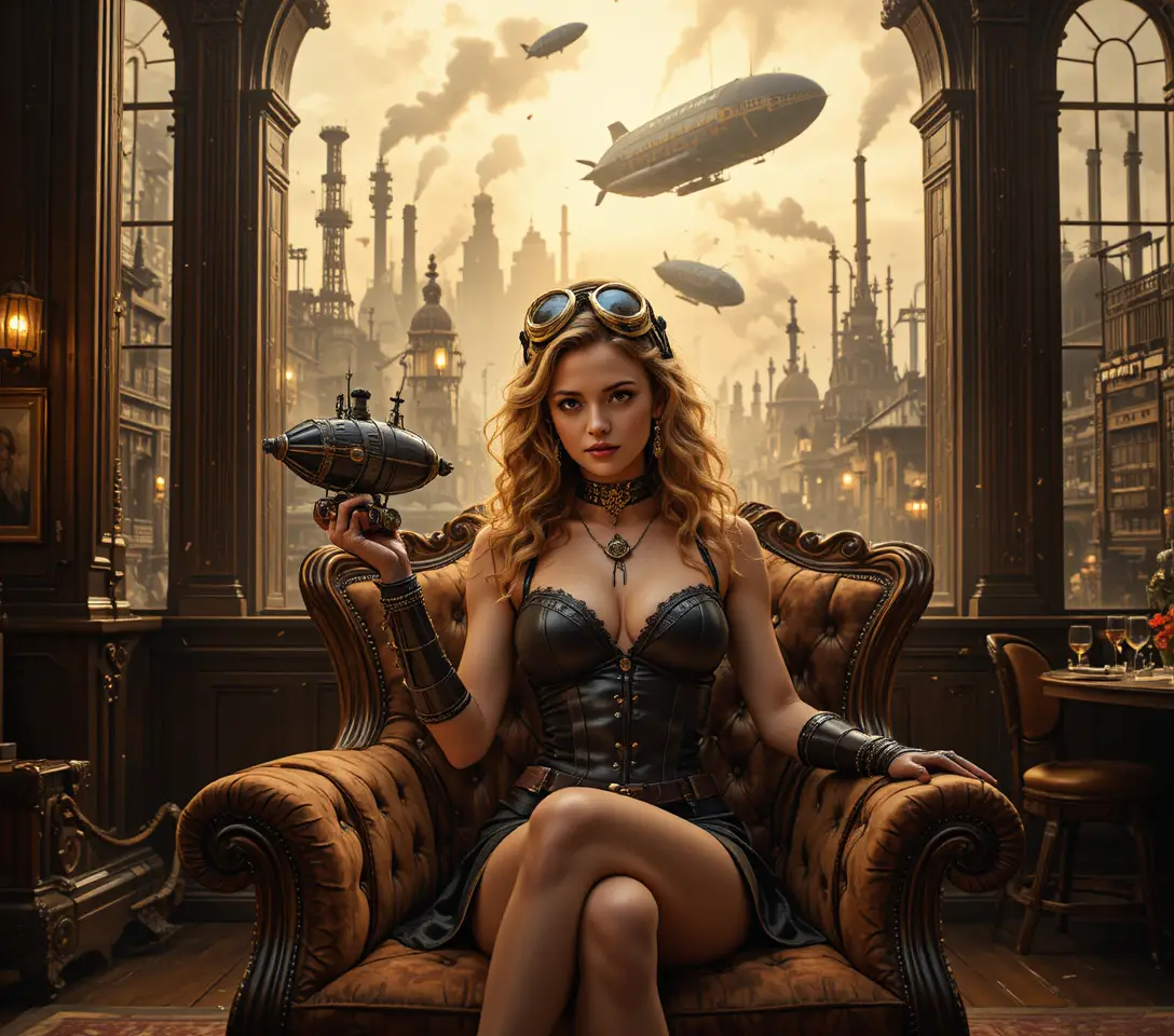 Eine entschlossene junge Frau hält ein Miniatur-Luftschiff in einer Steampunk-Stadt