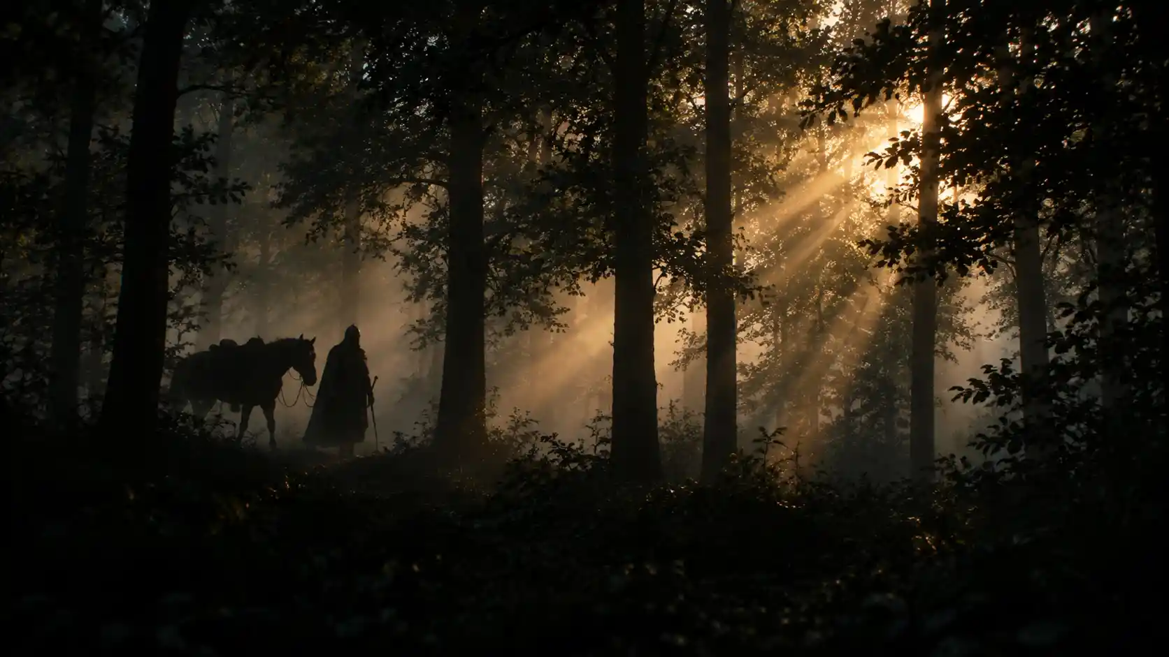 A Knight Leads His Horse Through a Foggy Forest at Dawn