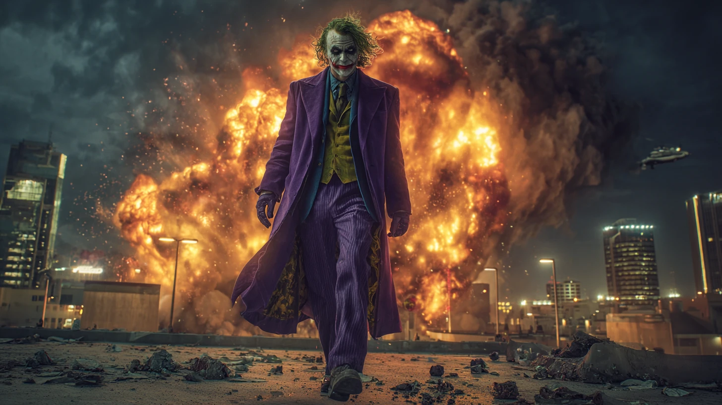O Coringa está em um telhado diante da explosão de um enorme edifício