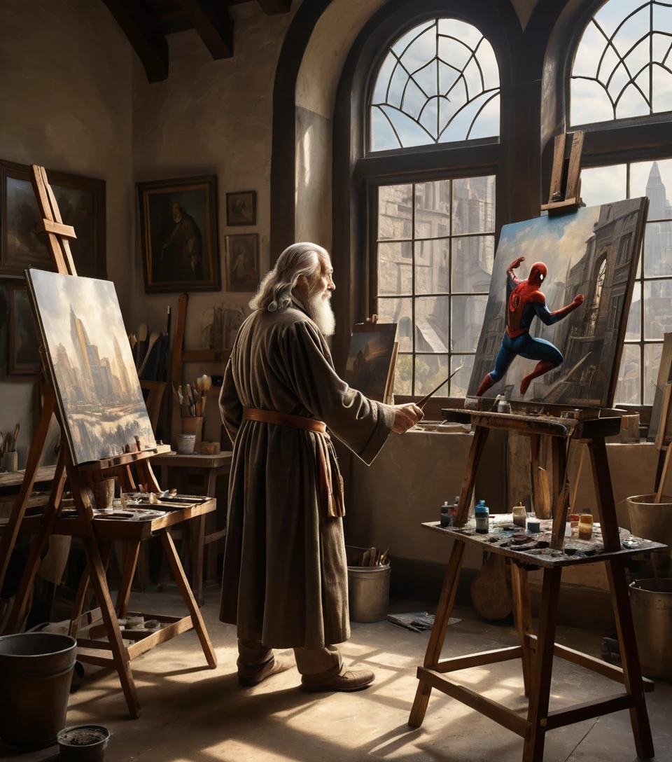 An Elderly Painter Works at an Easel in a Renaissance Studio