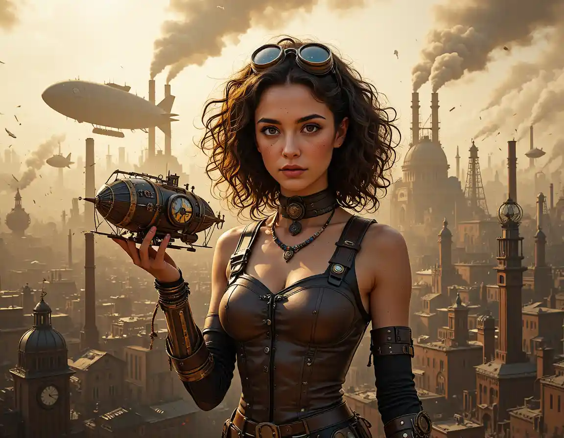 Une jeune femme déterminée tient un dirigeable miniature dans une ville steampunk