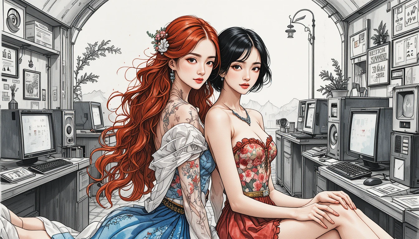 Zwei junge Frauen als Paar in einer Aquarellillustration im Stil der 2000er