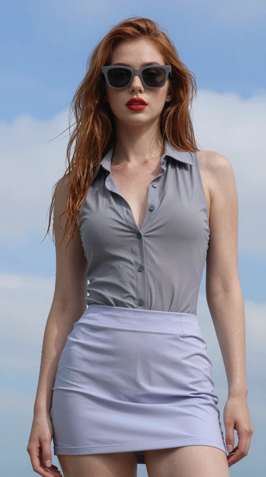 Jeune femme en chemise mouillée devant un ciel bleu nuageux