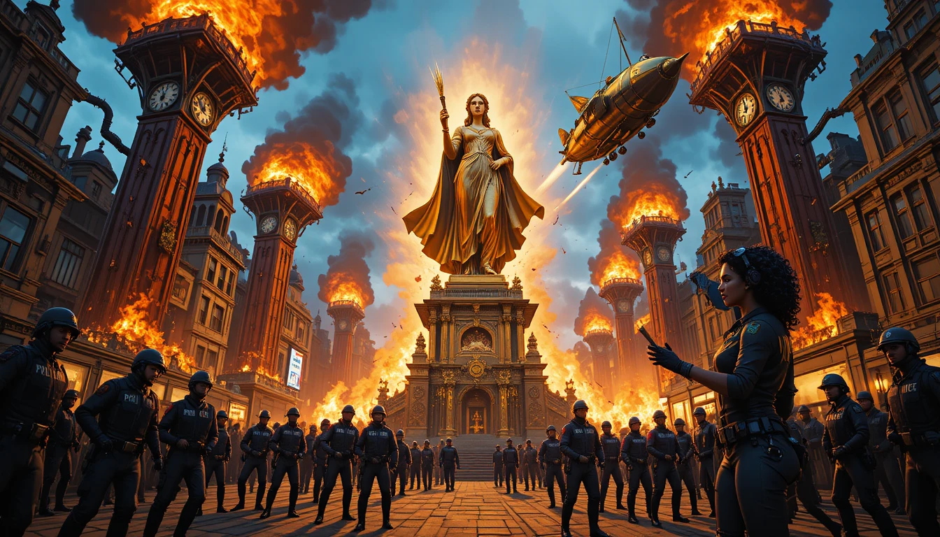 Eine goldene Frauenstatue steht in der Abenddämmerung auf einem kunstvollen Sockel