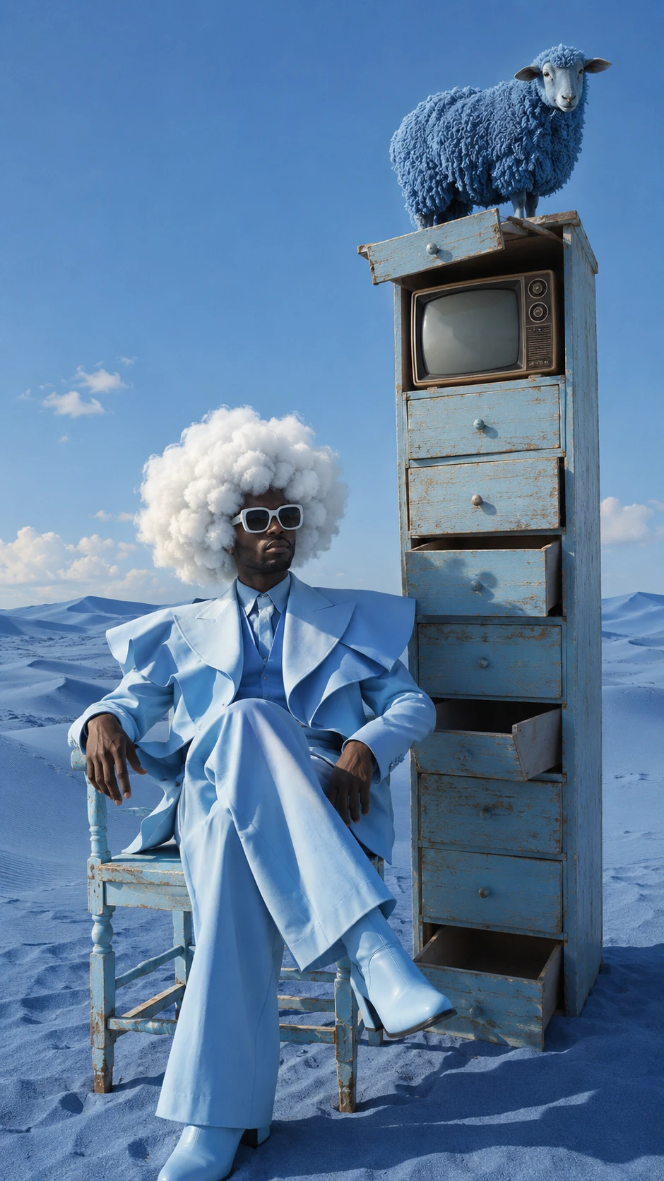 A surreal man with cloud hair sits in a blue desert