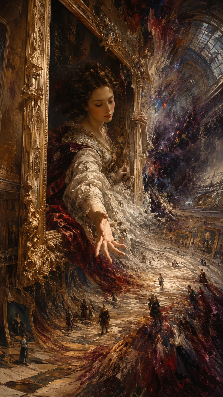 Uma figura pintada sai de um retrato clássico num museu de arte