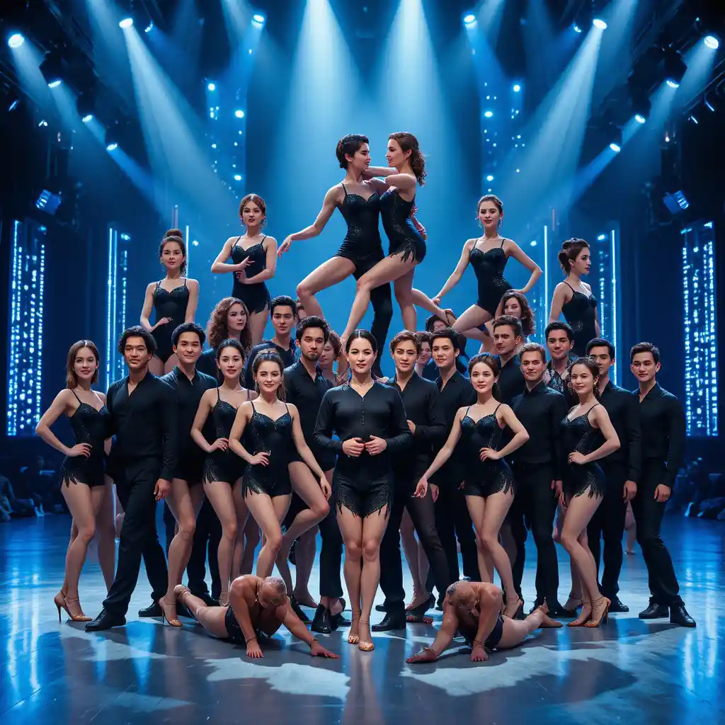 Bailarines adultos forman una pirámide dinámica en el escenario de un concierto