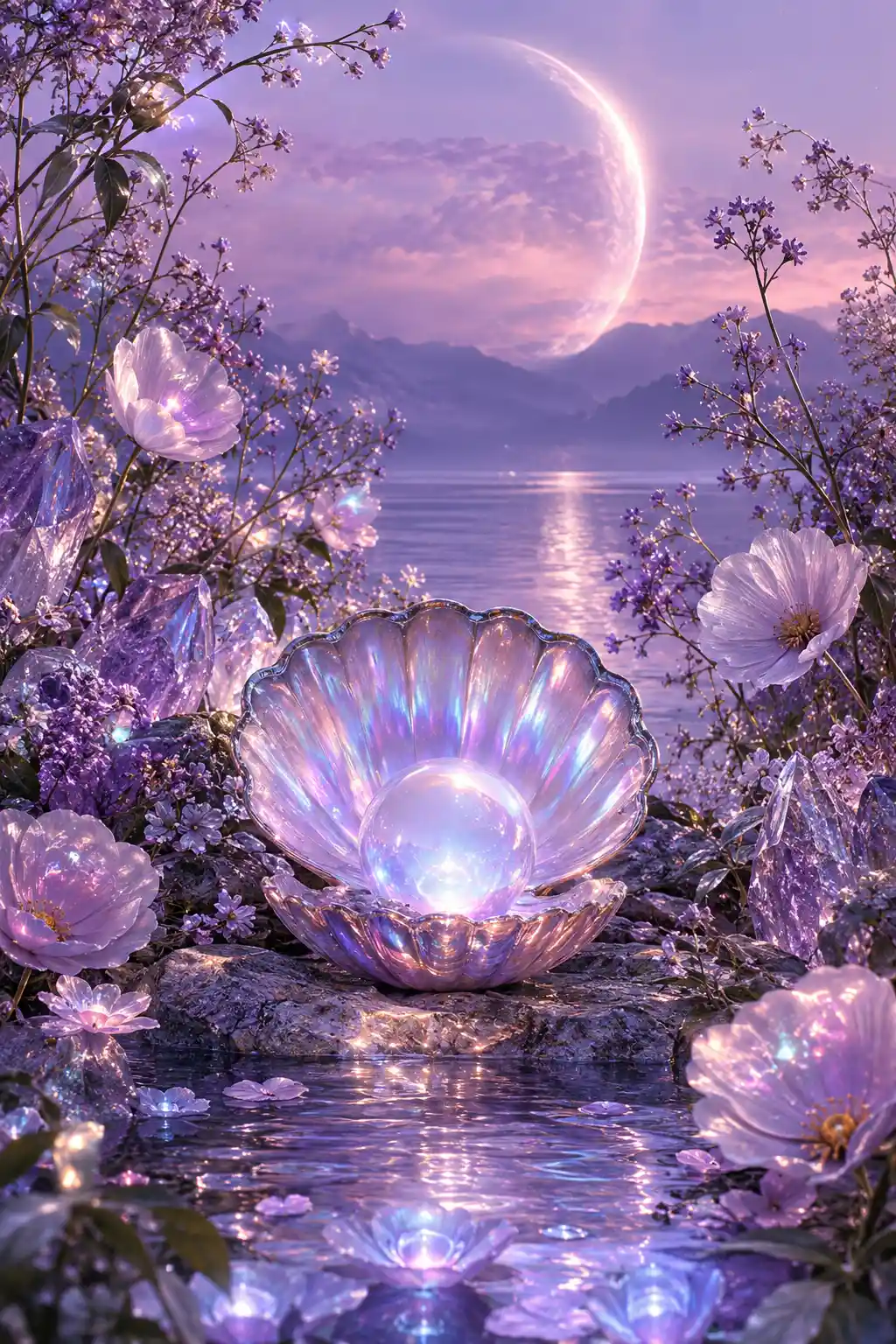 Uma serena paisagem de sonho com flores delicadas e iridescência bioluminescente