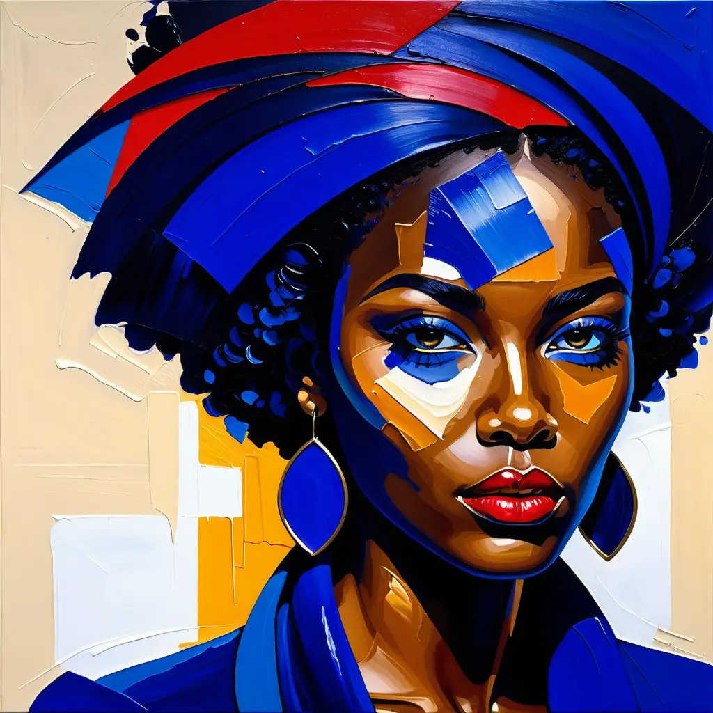 Retrato de uma mulher negra desafiante com a mão azul-cobalto junto ao maxilar