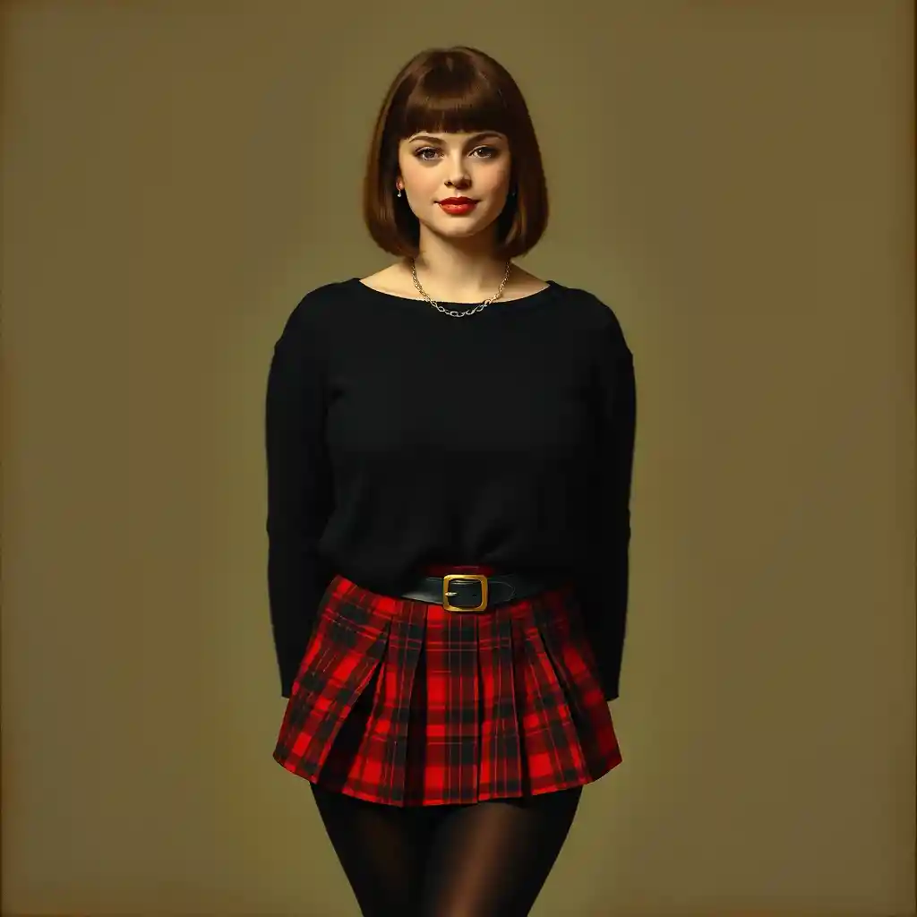 A Smiling Young Woman in a Sweater and Red Plaid Mini Skirt