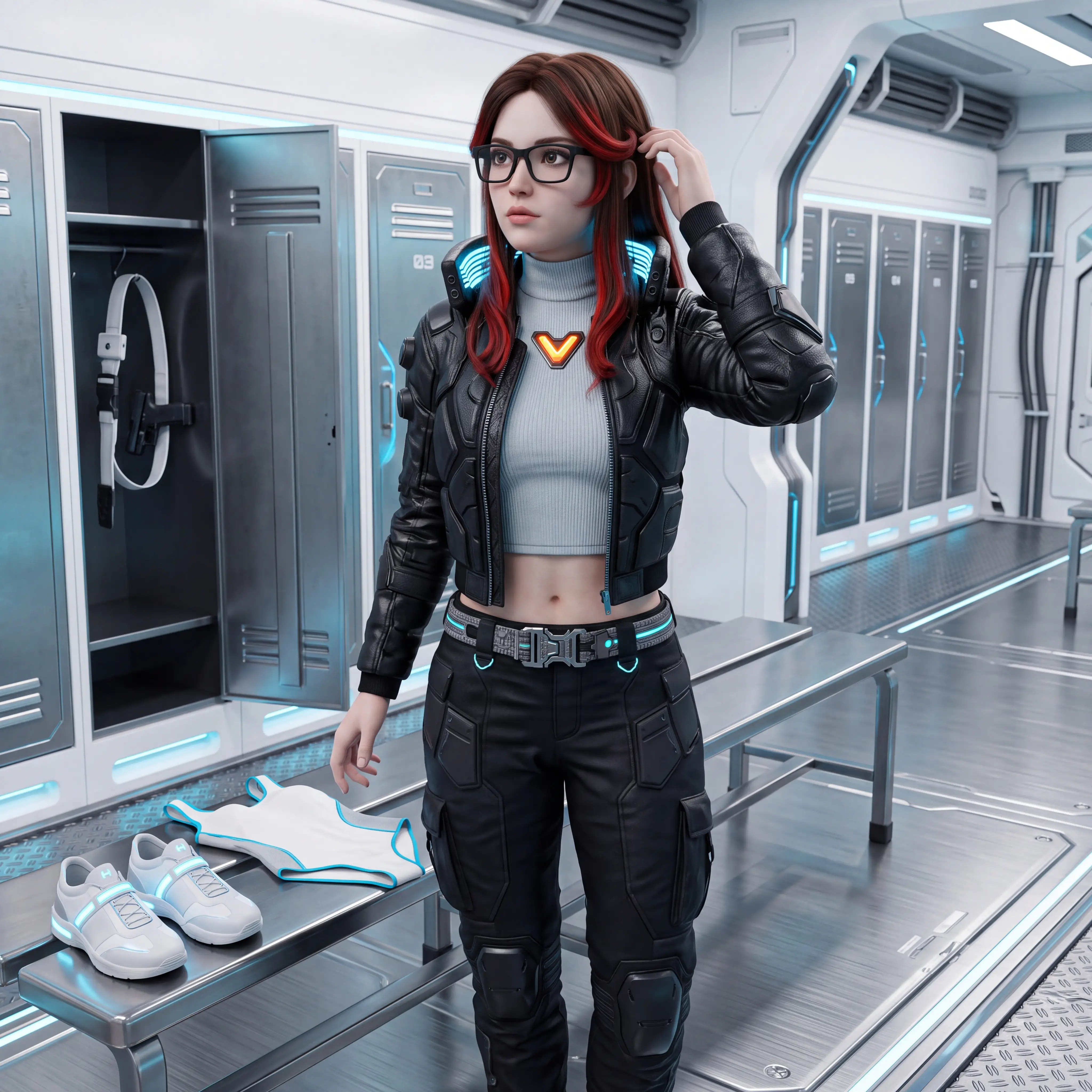 A young woman adjusts her hair in a futuristic cyberpunk room