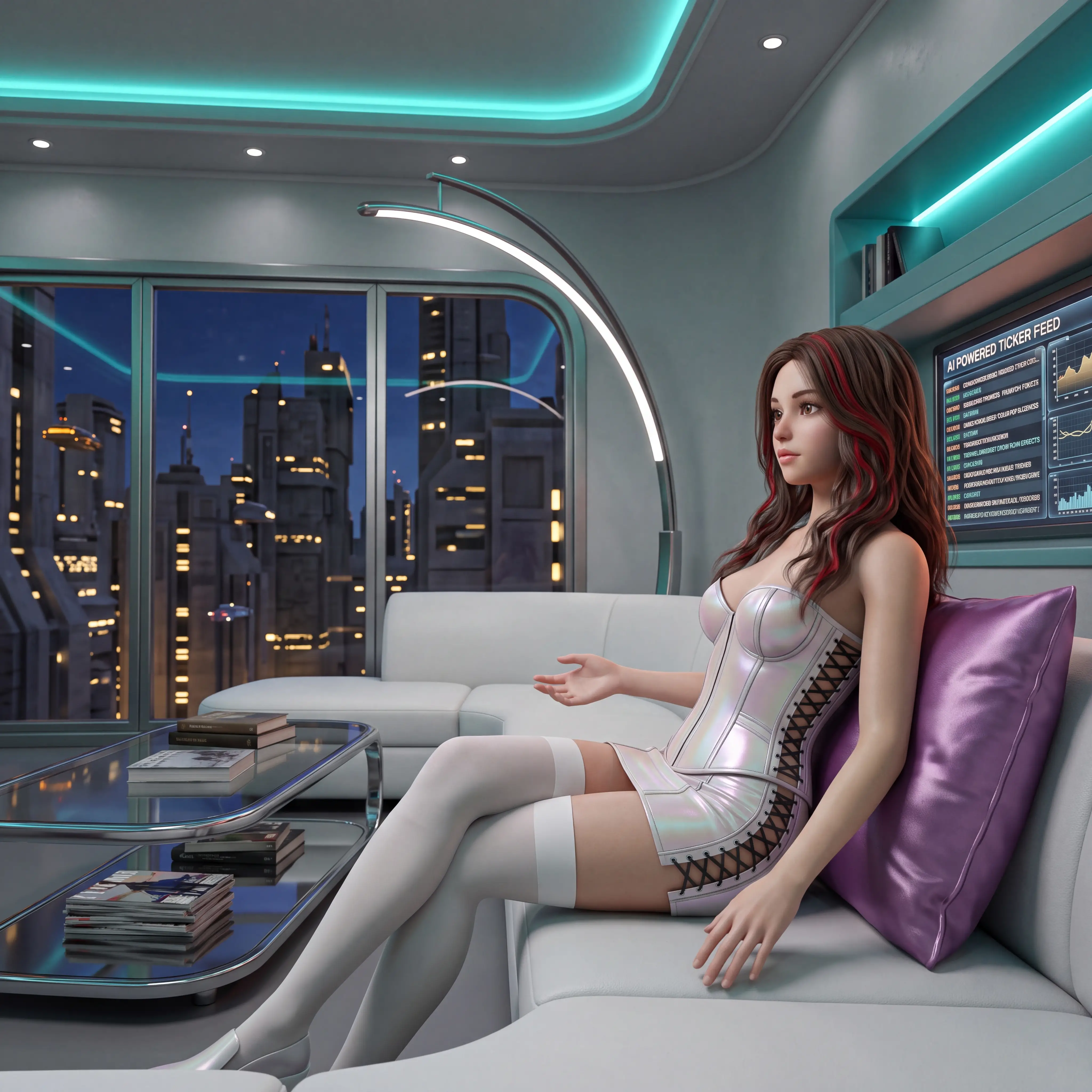 A young woman relaxes on a sofa in a futuristic living space