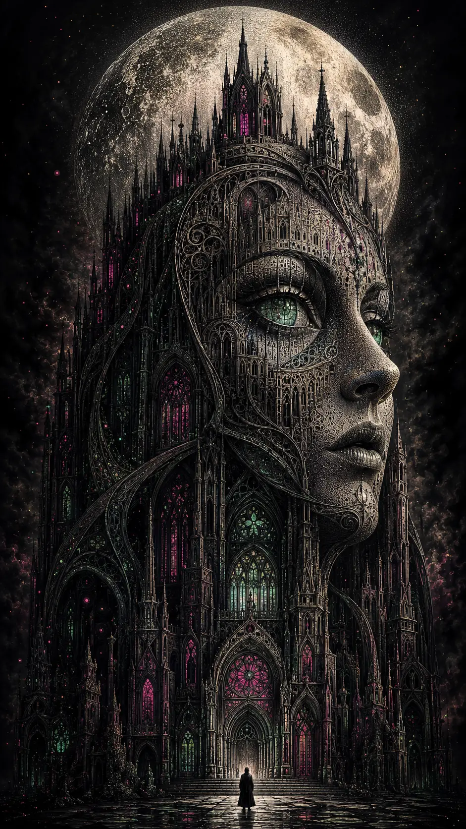 A gothic cathedral reveals a woman’s face beneath a vast moon