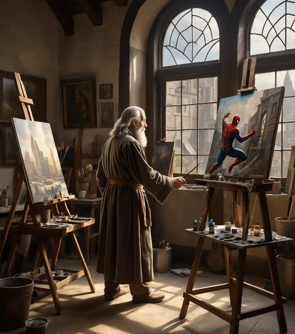 An Elderly Painter Works at an Easel in a Renaissance Studio