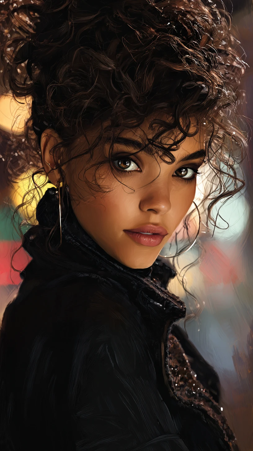 Retrato expressivo de uma jovem com cabelo volumoso e luz direcional quente