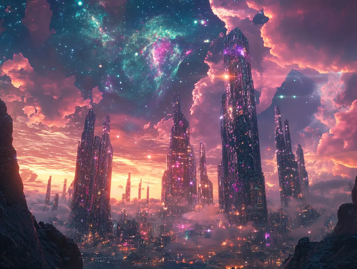 Ancient metropolis rising within a boundless nebula dreamscape
