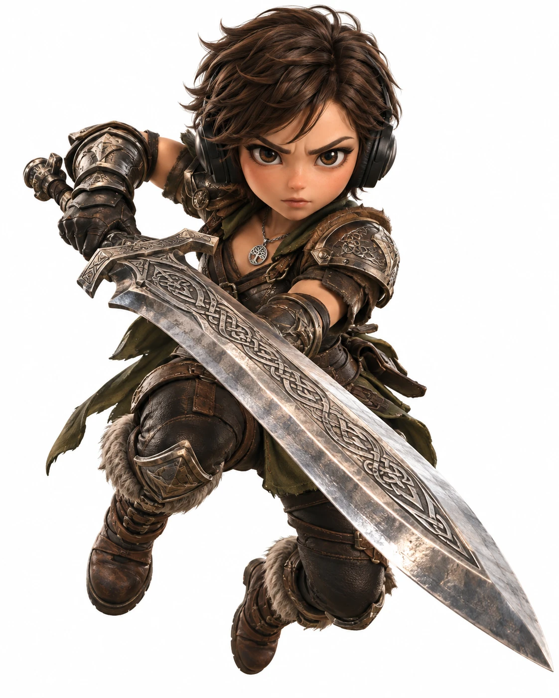 Uma guerreira de fantasia em estilo chibi empunha uma espada larga de prata gravada
