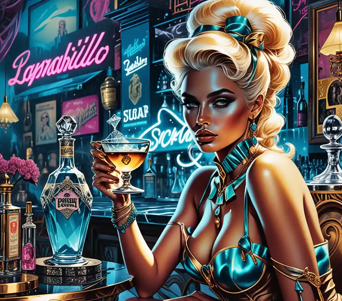 Uma mulher fantástica posa com alta-costura inspirada em bruxas numa discoteca sofisticada