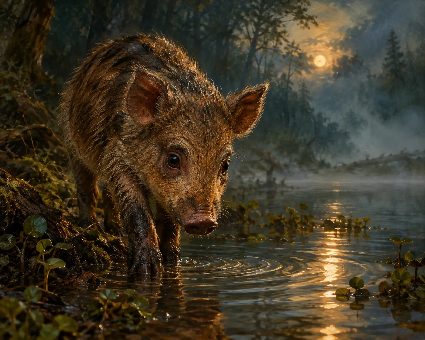 A Young Wild Pig Tests the Shallow Waters of a Misty Woodland Pond