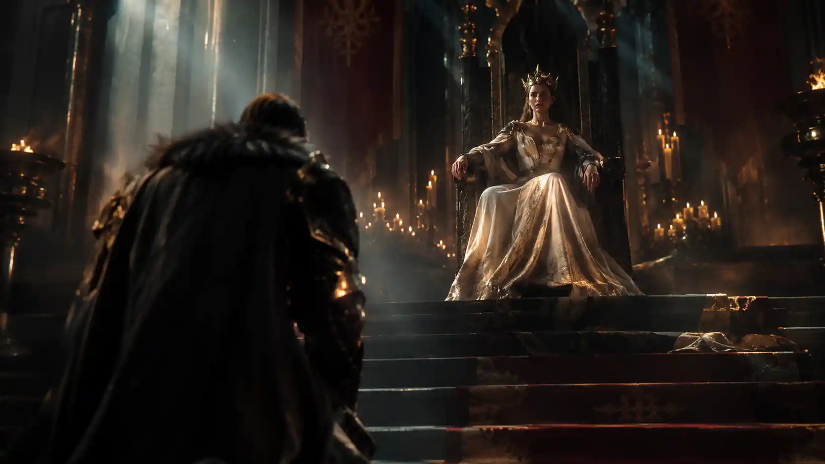A fantasy throne room filled with volumetric fog and chiaroscuro lighting