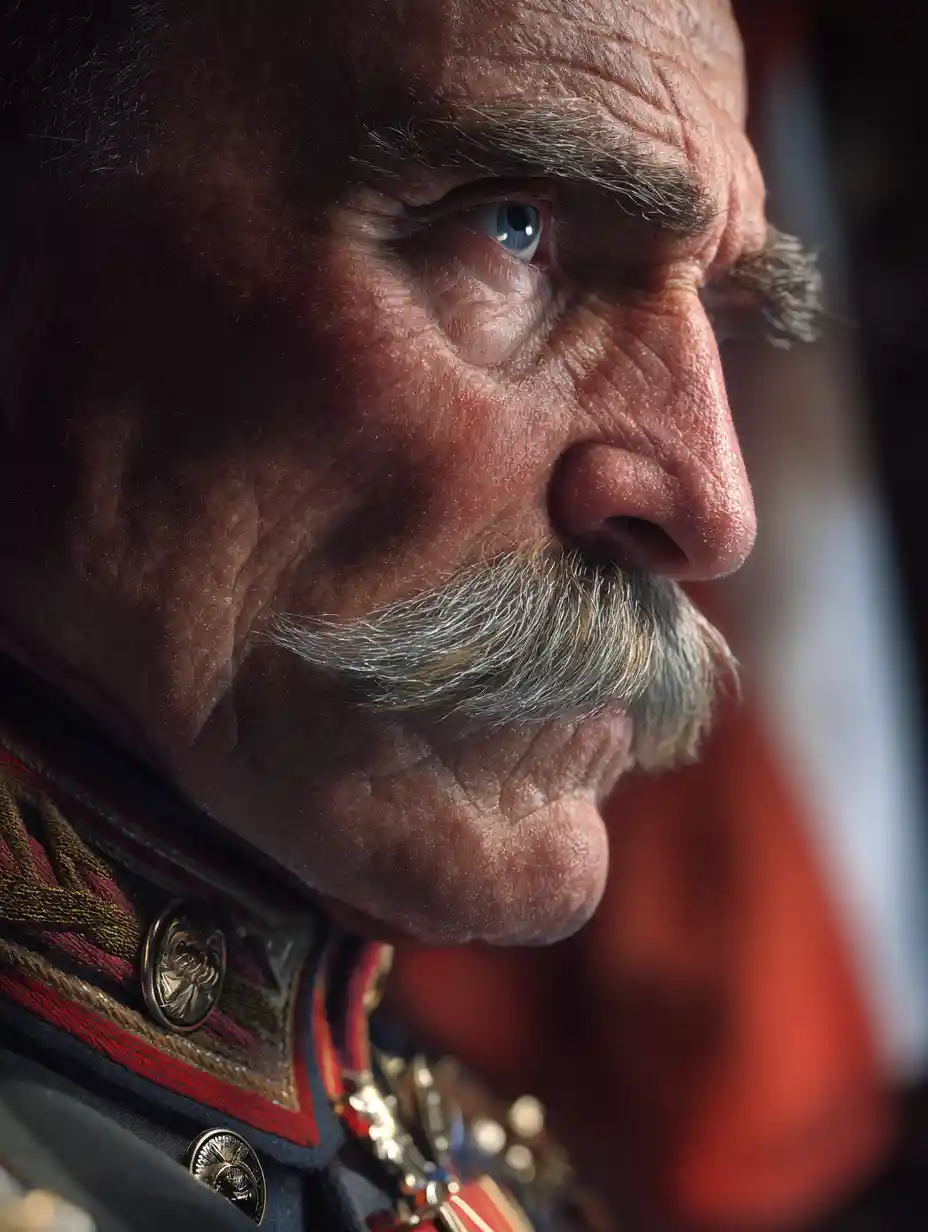 Józef Piłsudski in Military Uniform Against a Blurred Polish Flag