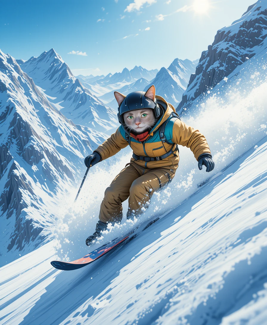 Gato antropomórfico desce de snowboard pela neve fofa sob os imponentes picos alpinos