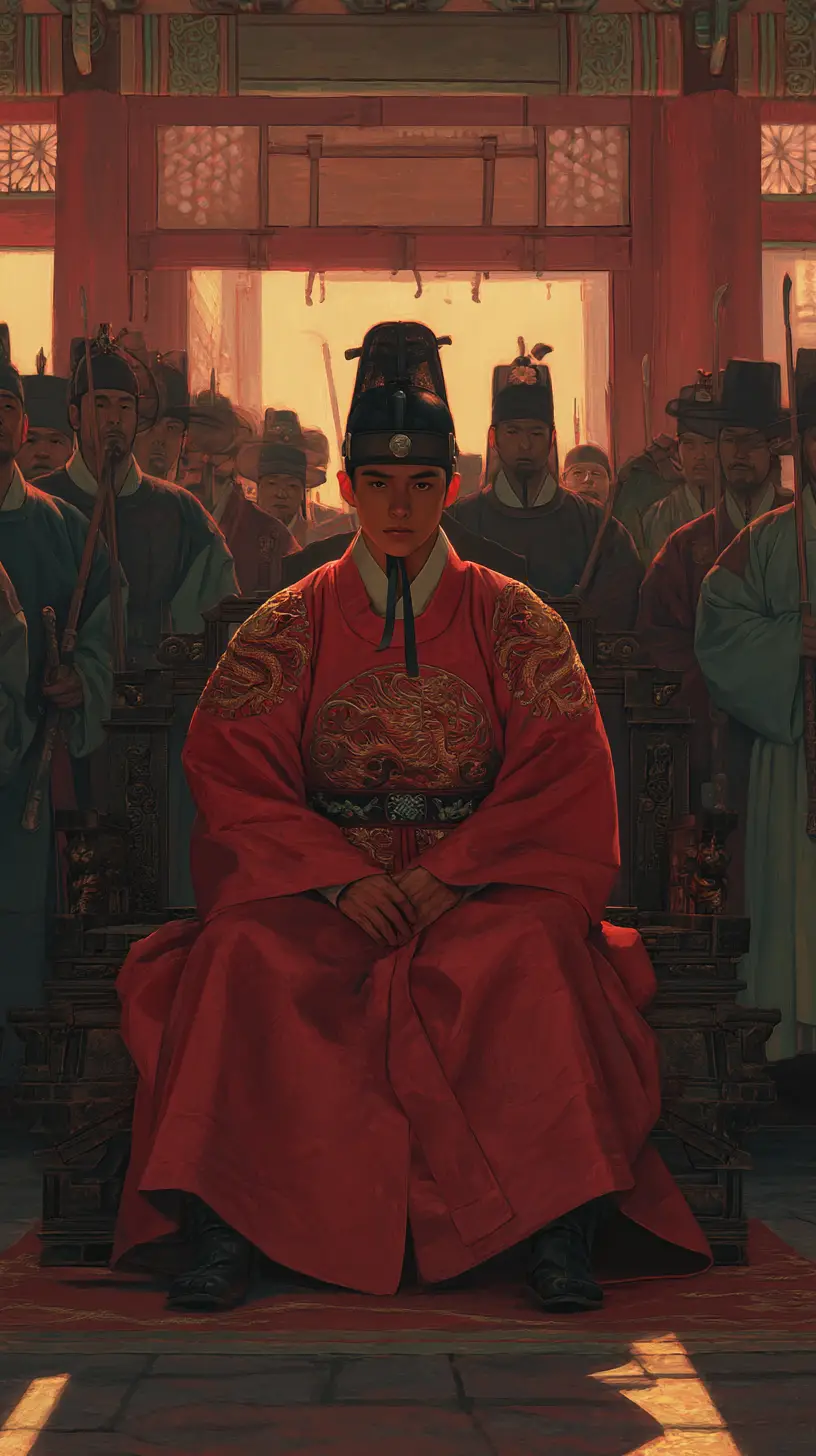 Young Korean King Seated On His Throne After Coronation