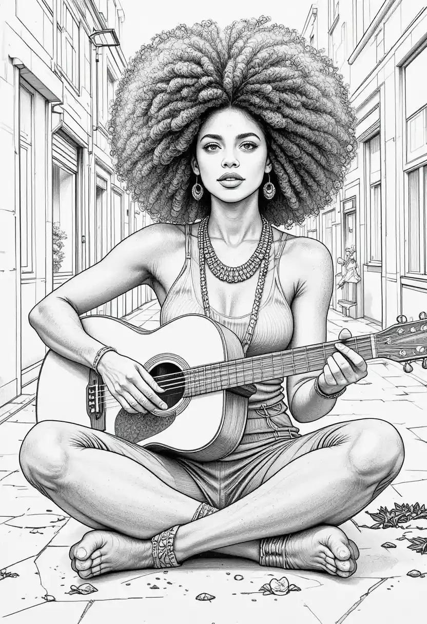 Uma mulher hippie com um grande cabelo afro sentada na rua toca violão