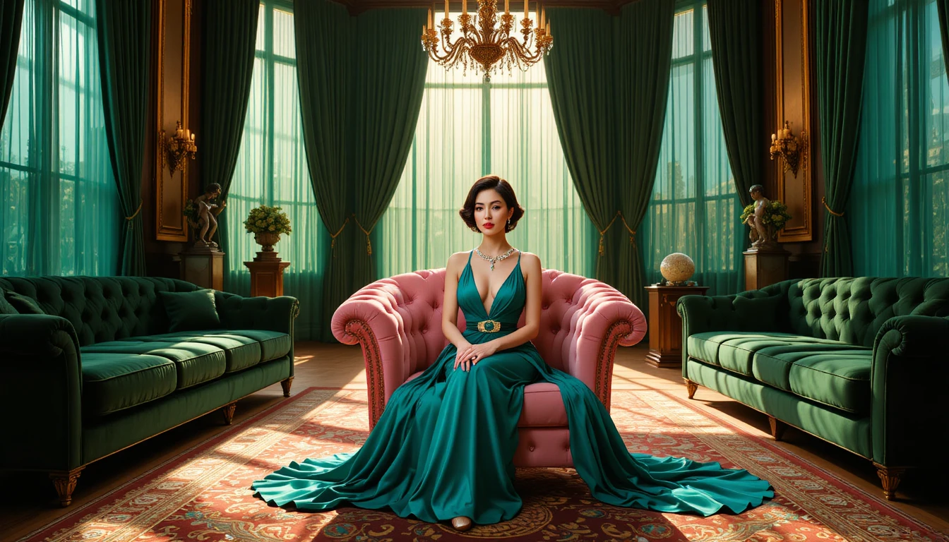 Uma mulher glamorosa senta-se com elegância numa sala ensolarada de requinte majestoso
